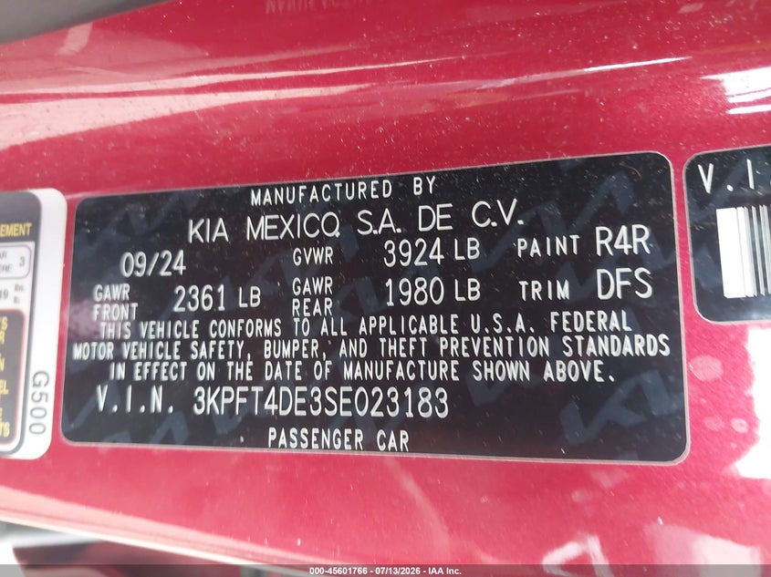 2025 Kia K4 Lxs VIN: 3KPFT4DE3SE023183 Lot: 45601766