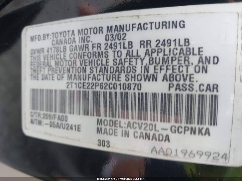 2002 Toyota Camry Solara Se VIN: 2T1CE22P62C010870 Lot: 45601771