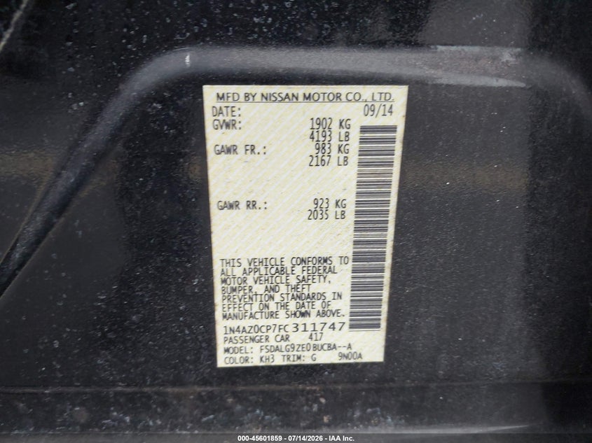 2015 Nissan Leaf Sl VIN: 1N4AZ0CP7FC311747 Lot: 45601859