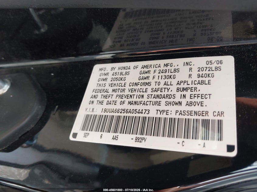 2006 Acura Tl VIN: 19UUA66256A054473 Lot: 45601880