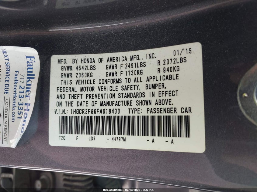 2015 Honda Accord Ex-L V-6 VIN: 1HGCR3F86FA018430 Lot: 45601883
