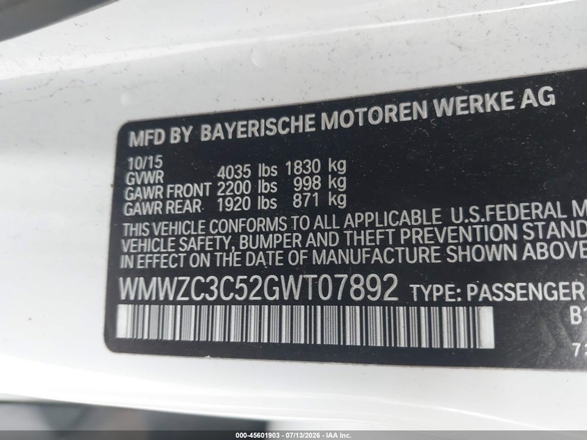 2016 Mini Countryman Cooper S VIN: WMWZC3C52GWT07892 Lot: 45601903