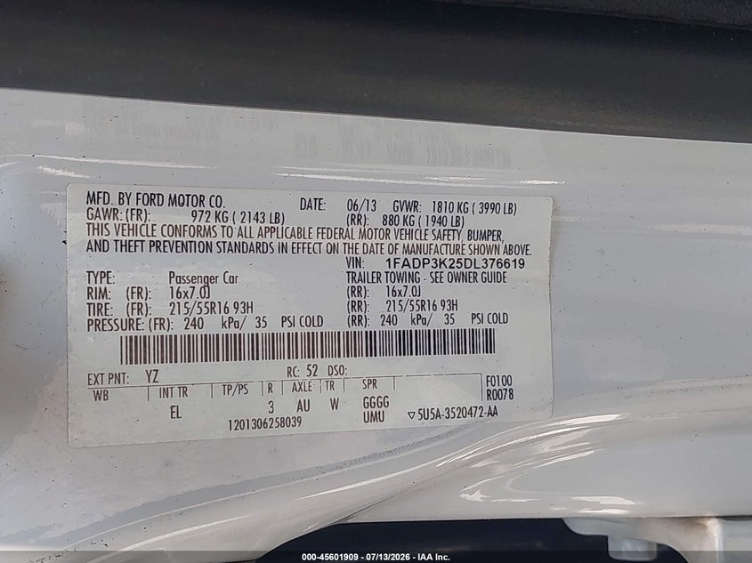 FORD FOCUS 2013 VIN 1FADP3K25DL376619