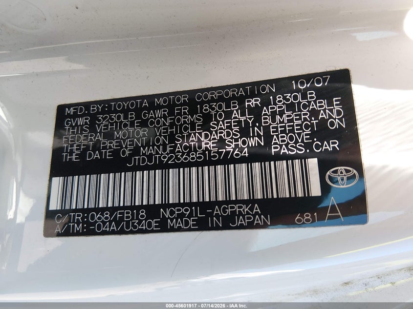 2008 Toyota Yaris VIN: JTDJT923685157764 Lot: 45601917