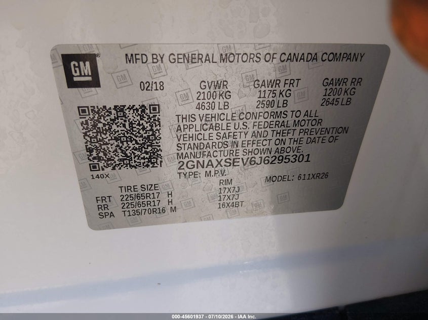 2018 Chevrolet Equinox Lt VIN: 2GNAXSEV6J6295301 Lot: 45601937