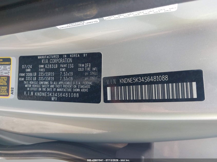 2025 Kia Carnival Mpv Sx Prestige VIN: KNDNE5K34S6481088 Lot: 45601941