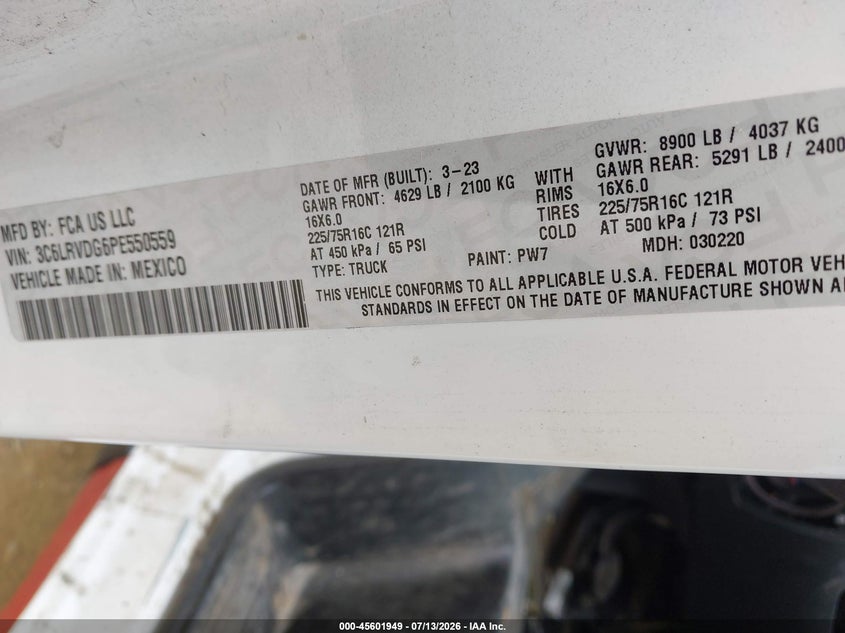 2023 Ram Promaster 2500 High Roof 159 Wb VIN: 3C6LRVDG6PE550559 Lot: 45601949