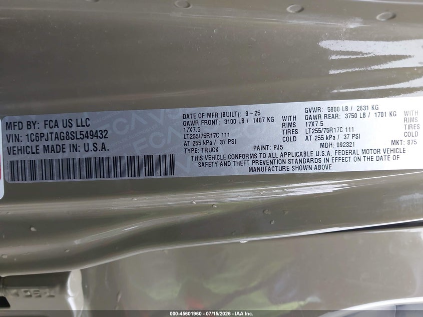 2025 Jeep Gladiator High Tide VIN: 1C6PJTAG8SL549432 Lot: 45601960