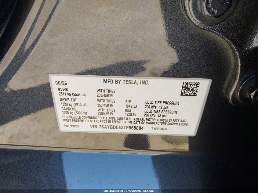 2026 Tesla Model Y All-Wheel Drive/Long Range Launch Series/Premium All-Wheel Drive VIN: 7SAYGDEE3TF658804 Lot: 45602009