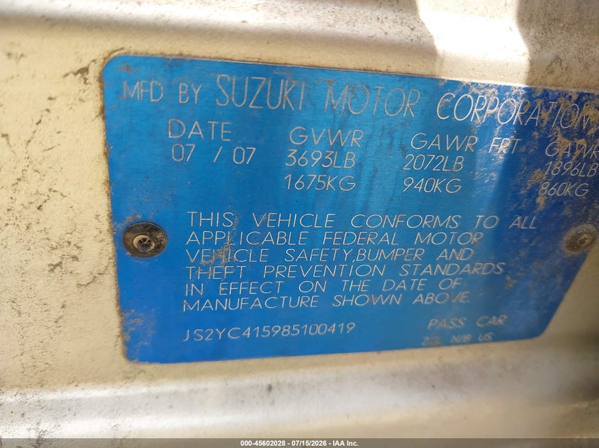2008 Suzuki Sx4 Sport Convenience/Sport Road Trip Edition Touring 2 VIN: JS2YC415985100419 Lot: 45602028