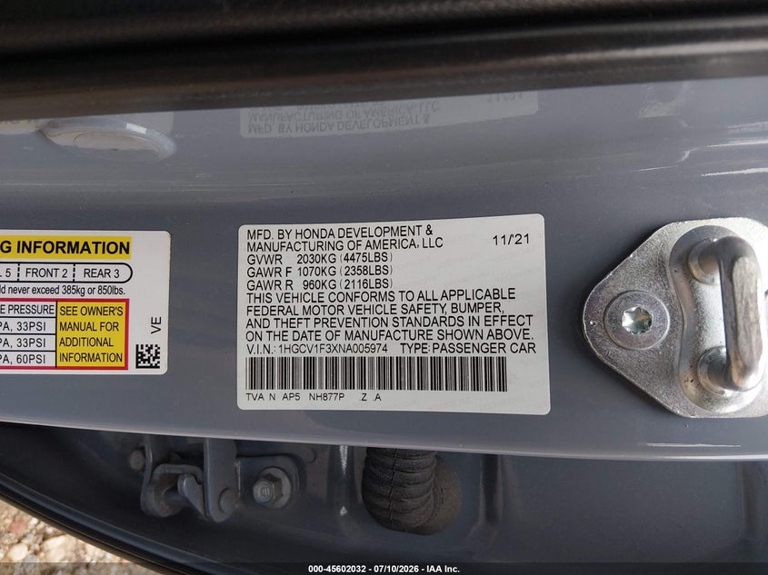 2022 Honda Accord Sport VIN: 1HGCV1F3XNA005974 Lot: 45602032
