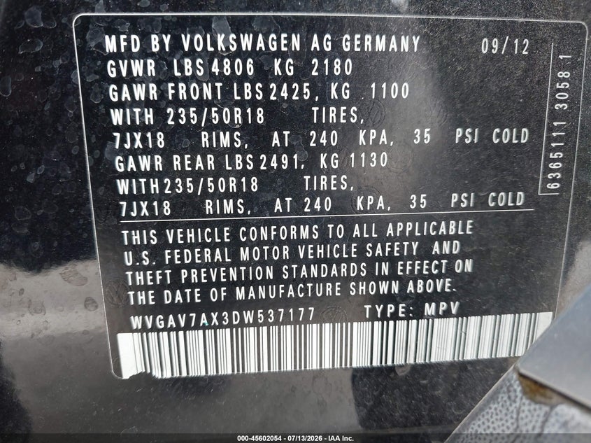2013 Volkswagen Tiguan Se VIN: WVGAV7AX3DW537177 Lot: 45602054