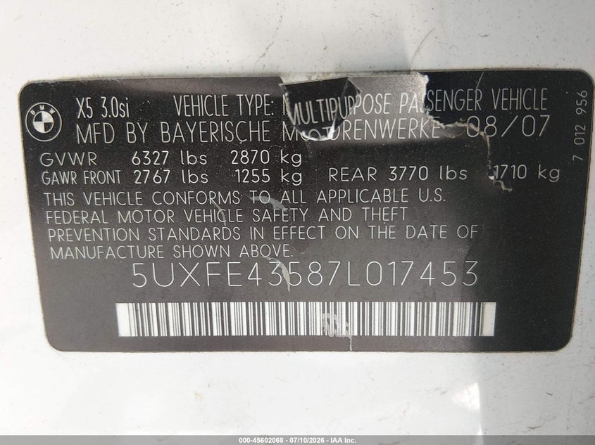 2007 BMW X5 3.0Si VIN: 5UXFE43587L017453 Lot: 45602068