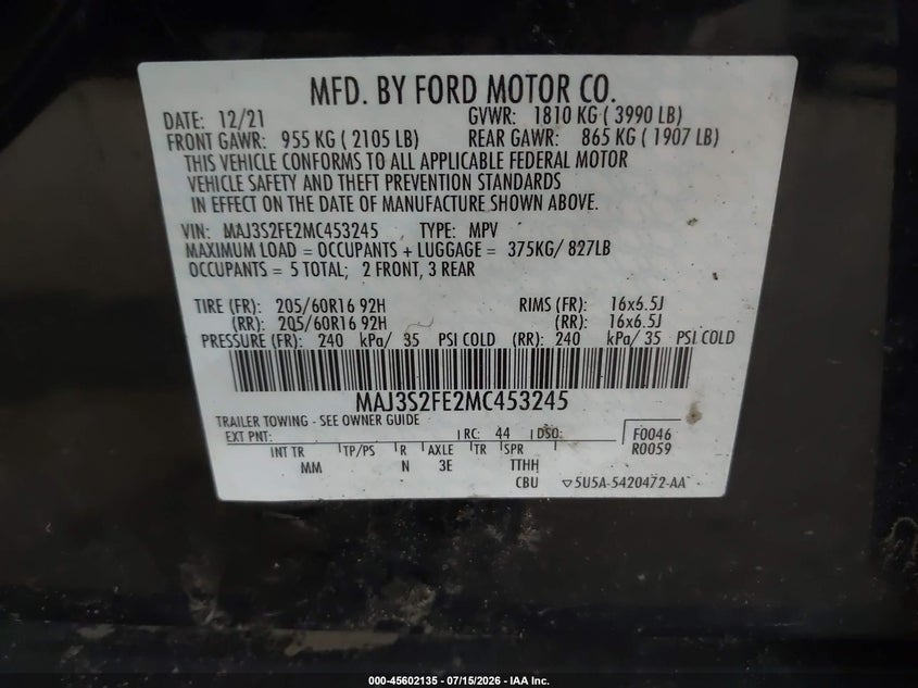 2021 Ford Ecosport S VIN: MAJ3S2FE2MC453245 Lot: 45602135