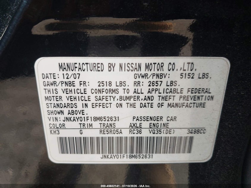 2008 Infiniti M35X VIN: JNKAY01F18M652631 Lot: 45602141