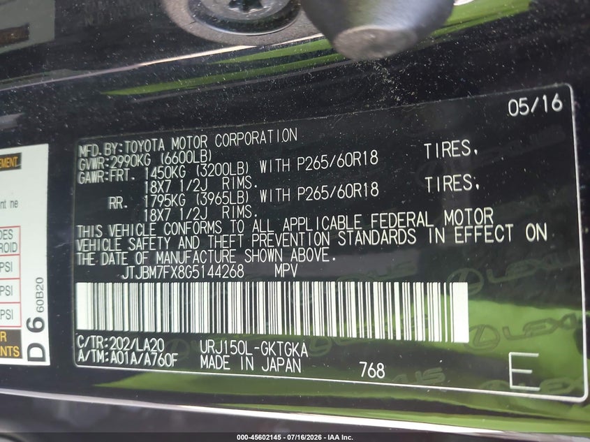 2016 Lexus Gx 460 VIN: JTJBM7FX8G5144268 Lot: 45602145