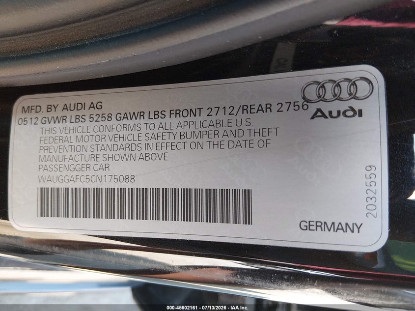 2012 Audi A6 3.0 Premium VIN: WAUGGAFC5CN175088 Lot: 45602161