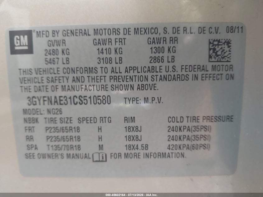 2012 Cadillac Srx Luxury Collection VIN: 3GYFNAE31CS510580 Lot: 45602164