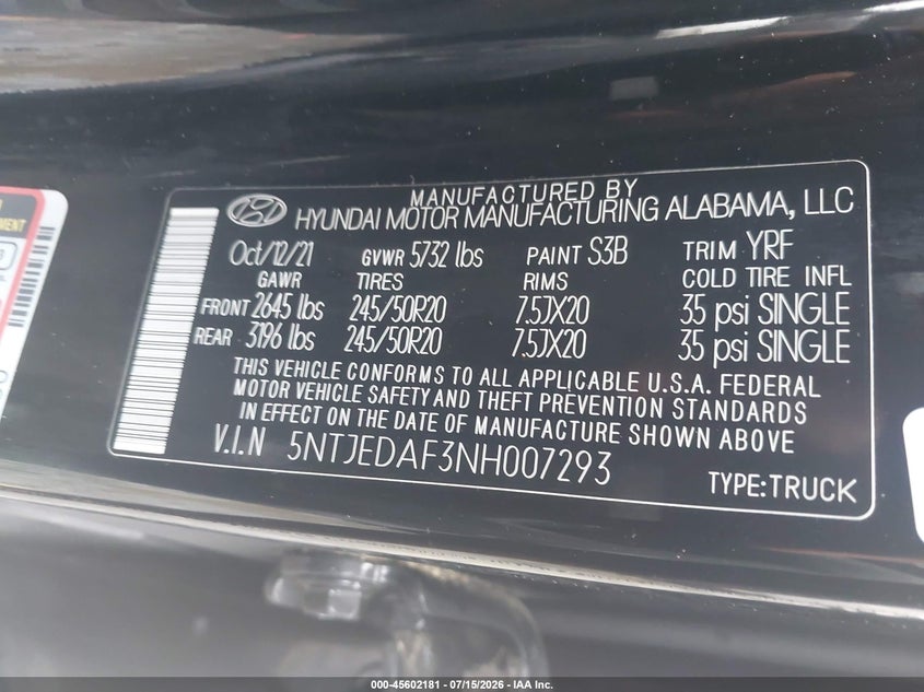 2022 Hyundai Santa Cruz Limited VIN: 5NTJEDAF3NH007293 Lot: 45602181