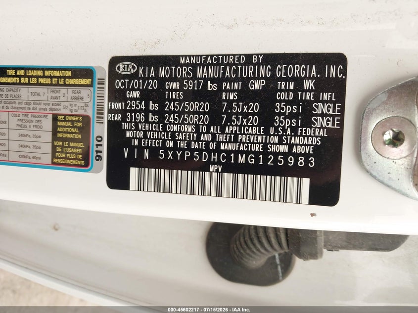 2021 Kia Telluride Sx VIN: 5XYP5DHC1MG125983 Lot: 45602217