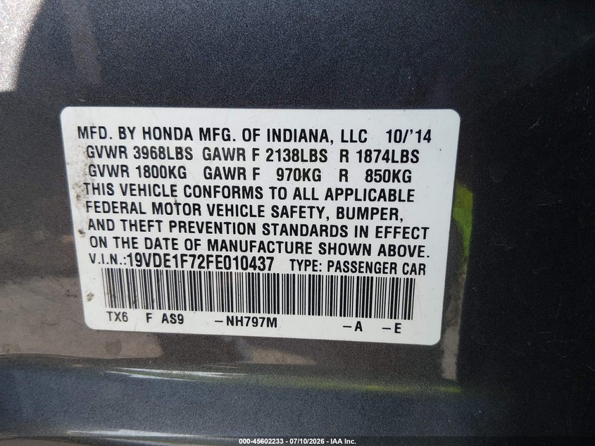 2015 Acura Ilx 2.0L VIN: 19VDE1F72FE010437 Lot: 45602233
