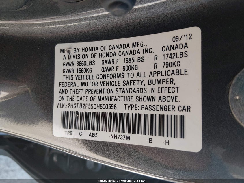 2012 HONDA CIVIC SEDAN 1.8L I-4 VVT, 140HP