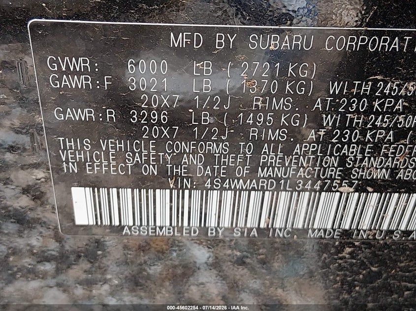 2020 Subaru Ascent Touring VIN: 4S4WMARD1L3447557 Lot: 45602254
