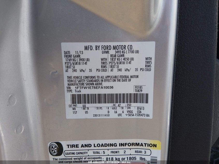 2014 FORD F-150 PICKUP 3.5L V6 FI DOHC 24V NF4