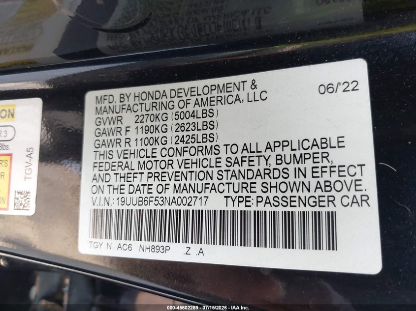 2022 Acura Tlx A-Spec Package VIN: 19UUB6F53NA002717 Lot: 45602289