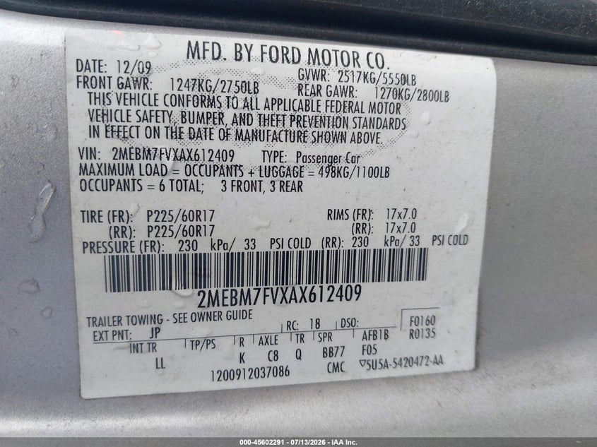2010 Mercury Grand Marquis Ls (Fleet Only) VIN: 2MEBM7FVXAX612409 Lot: 45602291