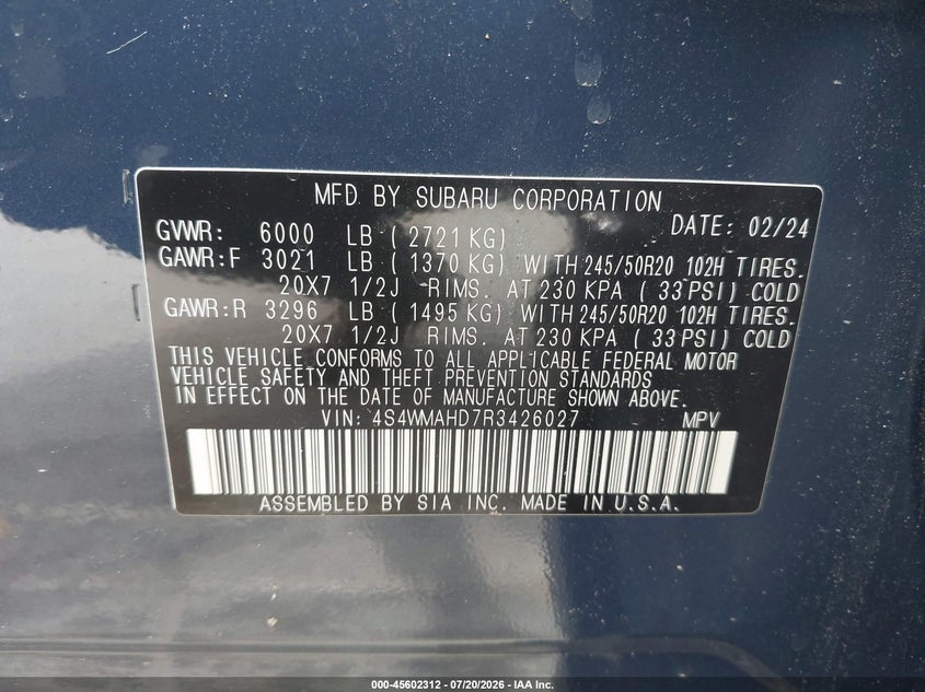 2024 Subaru Ascent Onyx Edition 7-Passenger VIN: 4S4WMAHD7R3426027 Lot: 45602312
