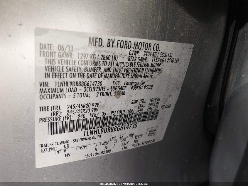 2011 LINCOLN MKS SEDAN 3.7L V-6 DOHC, VVT, 273HP