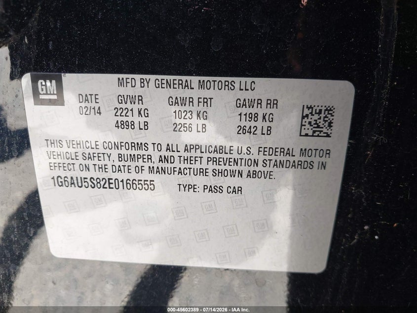 2014 Cadillac Cts Vsport VIN: 1G6AU5S82E0166555 Lot: 45602389