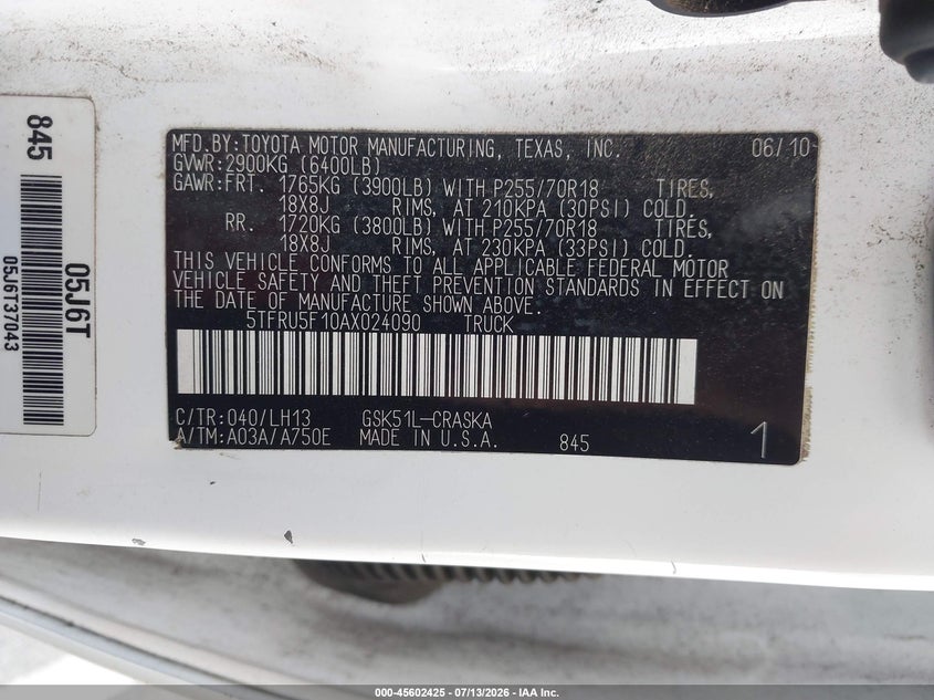 2010 TOYOTA TUNDRA TRUCK 4.0L V-6 DOHC, VVT, 236HP
