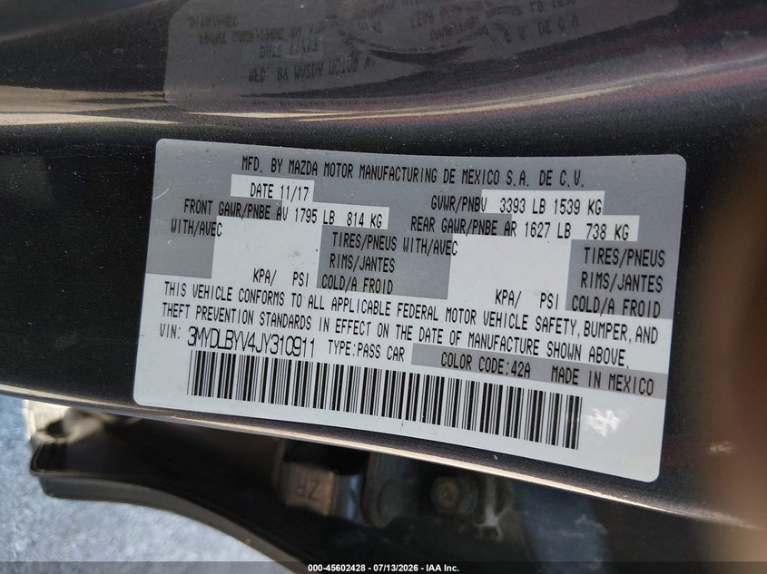 2018 Toyota Yaris Ia VIN: 3MYDLBYV4JY310911 Lot: 45602428