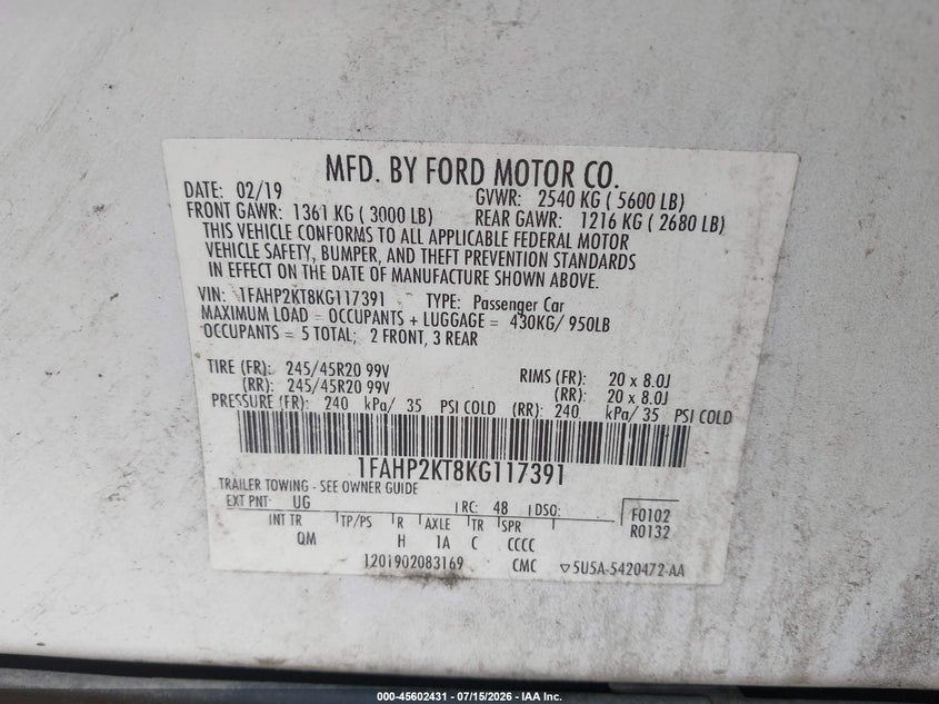 2019 Ford Taurus Sho VIN: 1FAHP2KT8KG117391 Lot: 45602431