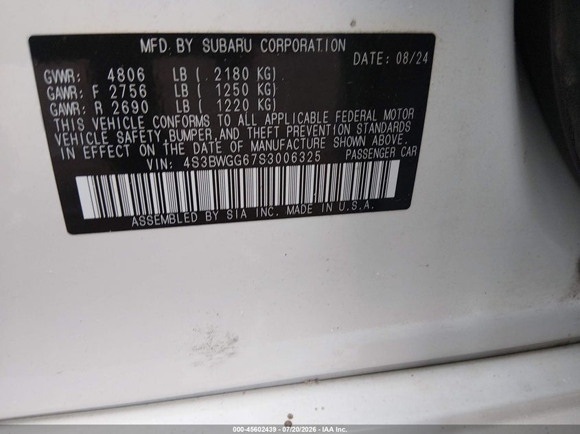 2025 Subaru Legacy Sport VIN: 4S3BWGG67S3006325 Lot: 45602439