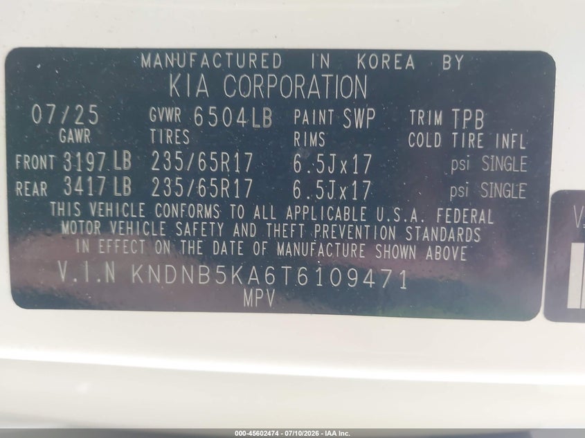 2026 Kia Carnival Mpv Hybrid Lxs VIN: KNDNB5KA6T6109471 Lot: 45602474