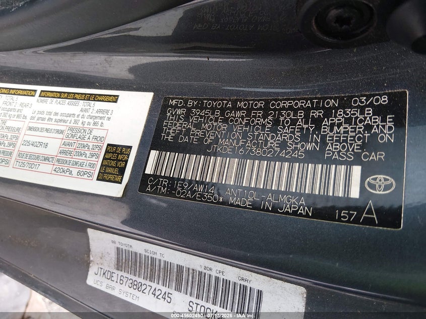 2008 Scion Tc VIN: JTKDE167380274245 Lot: 45602490