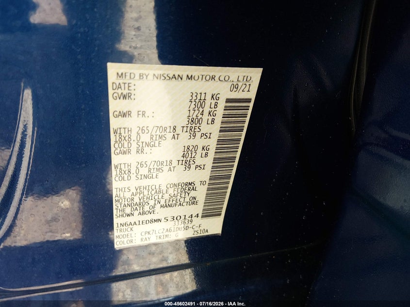 2021 Nissan Titan Sv 4X4 VIN: 1N6AA1ED8MN530144 Lot: 45602491