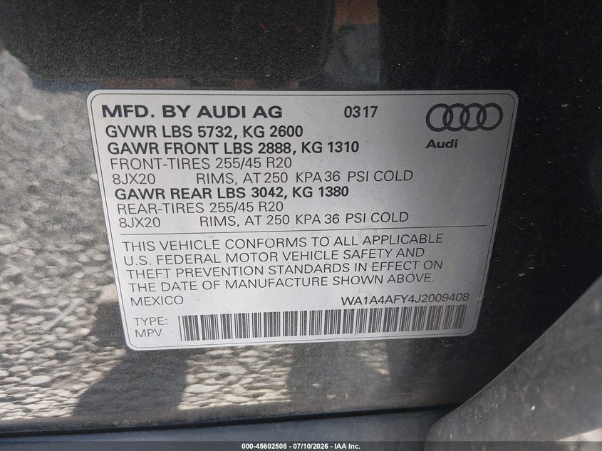 2018 Audi Sq5 3.0T Premium Plus VIN: WA1A4AFY4J2009408 Lot: 45602508