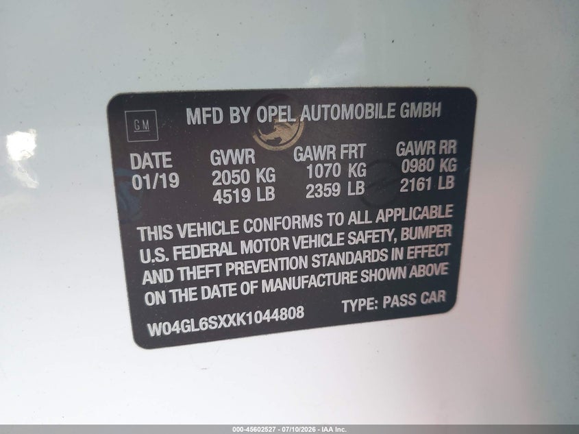 2019 Buick Regal Sportback Fwd Preferred VIN: W04GL6SXXK1044808 Lot: 45602527