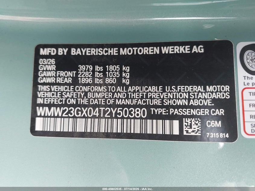 2026 Mini Convertible Cooper S VIN: WMW23GX04T2Y50380 Lot: 45602535