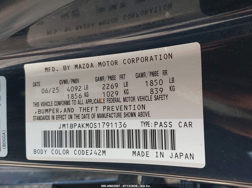 2025 Mazda Mazda3 2.5 S Select Sport VIN: JM1BPAKM0S1791136 Lot: 45602557
