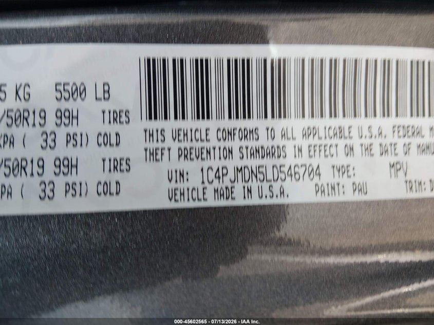JEEP CHEROKEE 2020 VIN 1C4PJMDN5LD546704