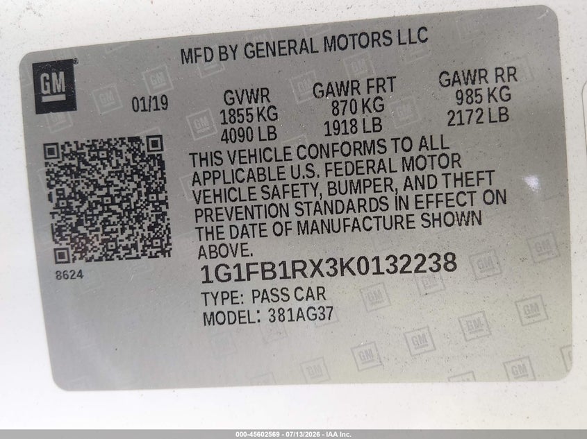 2019 Chevrolet Camaro 1Lt VIN: 1G1FB1RX3K0132238 Lot: 45602569