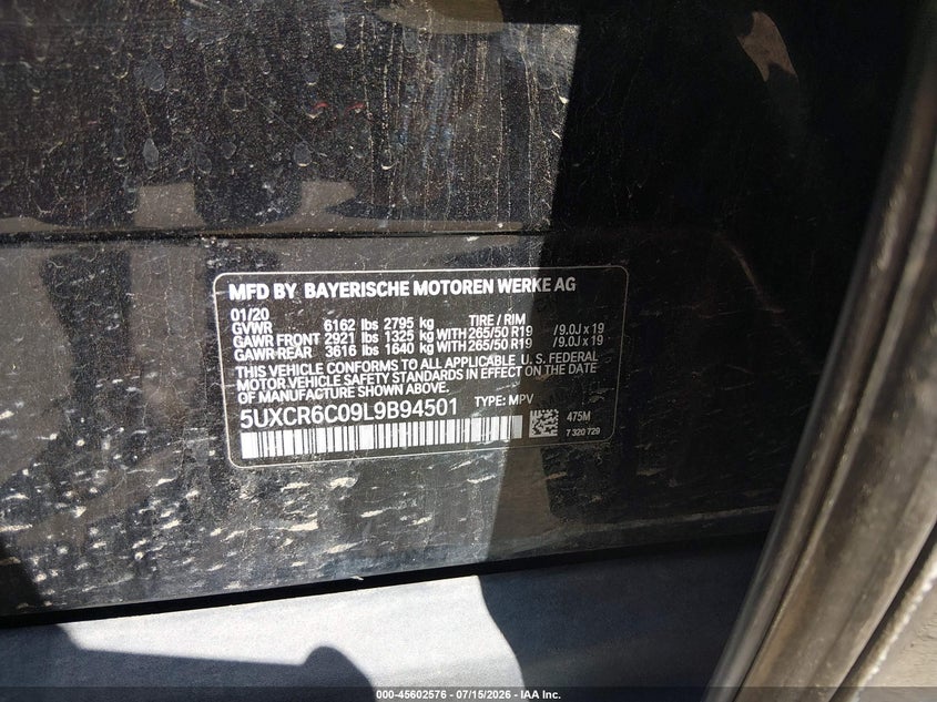 2020 BMW X5 xDrive40I VIN: 5UXCR6C09L9B94501 Lot: 45602576