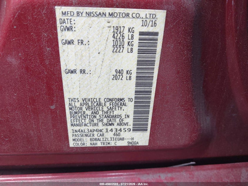 2017 Nissan Altima 2.5 Sv VIN: 1N4AL3AP4HC143459 Lot: 45602585