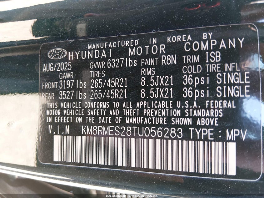 2026 Hyundai Palisade Calligraphy VIN: KM8RMES28TU056283 Lot: 45602630