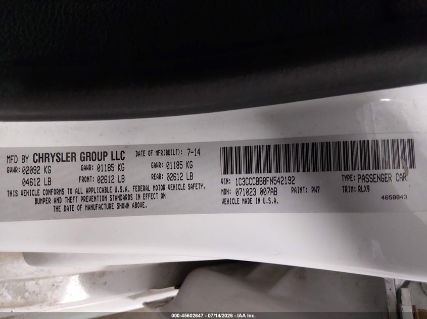 2015 Chrysler 200 S VIN: 1C3CCCBB8FN542192 Lot: 45602647